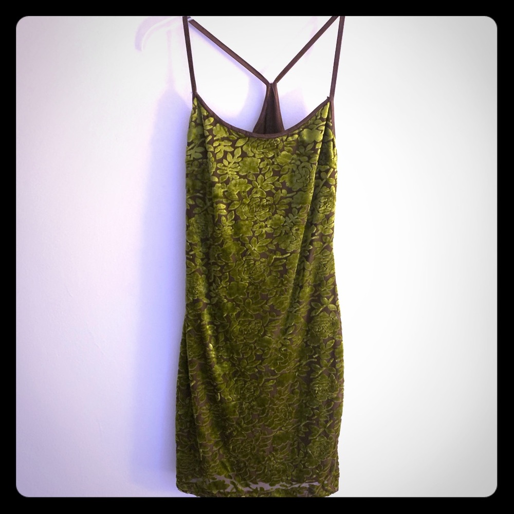 Vintage Urban Girl Jacquard Slip Mini Dress (Olive Green & Brown, Size S)